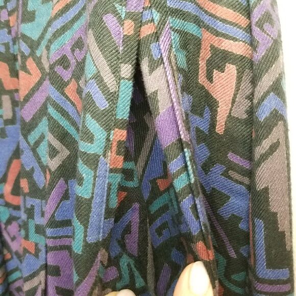 Vintage 80s Adini Geometric Rayon Pleated Soft Midi Button Front Prairie Skirt - Picture 4 of 8